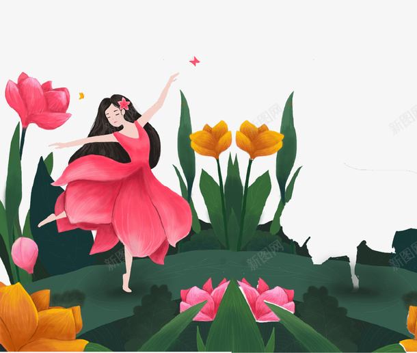 卡通创意春天的舞蹈psd免抠素材_新图网 https://ixintu.com 创意设计 卡通 女孩 春天 春季 翩翩起舞 舞蹈 花朵