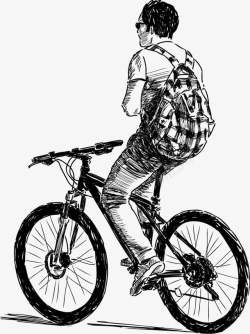 素描骑行的背包男学生素材