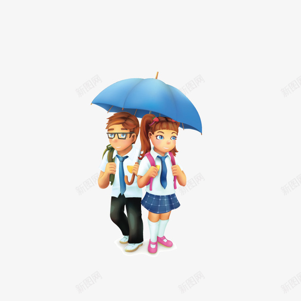 打雨伞的学生卡通图png免抠素材_新图网 https://ixintu.com 上学 下雨天 同学 女孩 学生 男孩 背包 雨伞