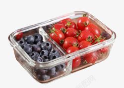 密封保鲜盒玻璃盒里的蓝莓西红柿高清图片