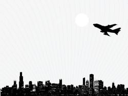 海报航空飞机飞过城市夜空黑色剪影高清图片