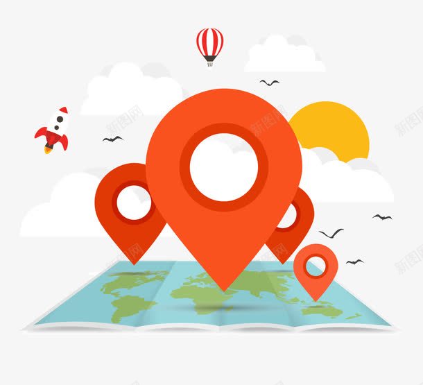 地图地标png免抠素材_新图网 https://ixintu.com 地图 地标 地标方向标 太阳 定位 旅游方向标 火箭 热气球