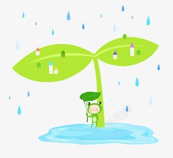卡通小水坑树叶下躲雨的小青蛙高清图片