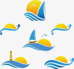 帆船彩色太阳和大海图标高清图片
