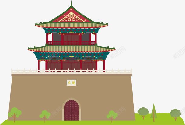 中国风古楼png免抠素材_新图网 https://ixintu.com 中国风 卡通手绘 古楼 城楼 房子 水彩 绿色 草地