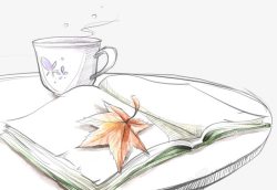 书素描桌上的书与咖啡高清图片