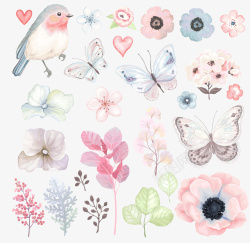 粉色小草浅色各种花朵鸟儿组合高清图片