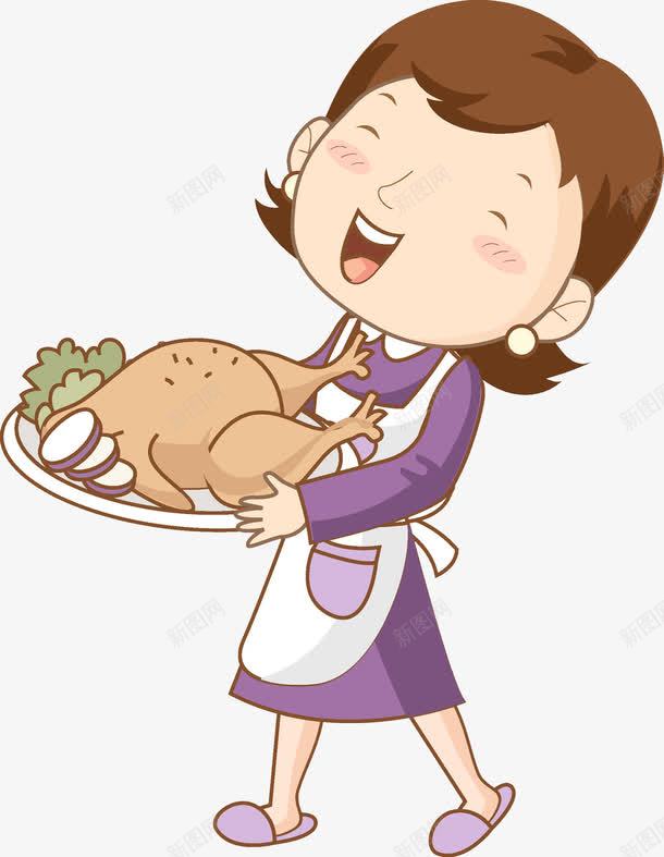 卡通端着烧鸡的女人图png免抠素材_新图网 https://ixintu.com 家庭主妇 我的家人 服务员 烧鸡 盘子 紫色的 高兴地