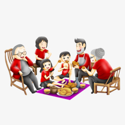 全家吃饺子中秋团圆主题全家中秋吃月饼聚餐高清图片