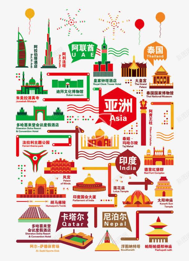 世界旅游日png免抠素材_新图网 https://ixintu.com 亚洲国家 几何形 卡塔尔 印度 尼泊尔 平扁图形 旅游元素 泰国 阿联酋