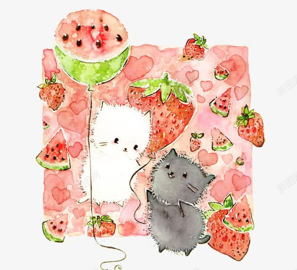 小白猫和小灰猫手绘png免抠素材_新图网 https://ixintu.com 小猫 果园 浪漫 草莓 西瓜