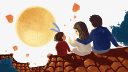 卡通手绘手牵手一家人卡通手绘坐在屋顶上赏月的一高清图片