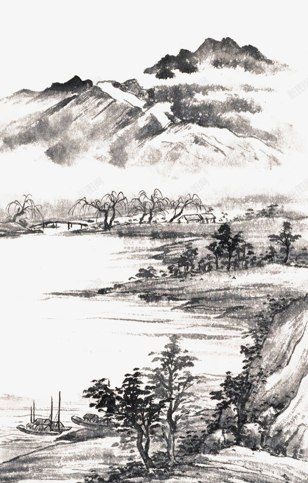 水墨画装饰png免抠素材_新图网 https://ixintu.com 小树 山水 水墨画 矢量装饰 装饰
