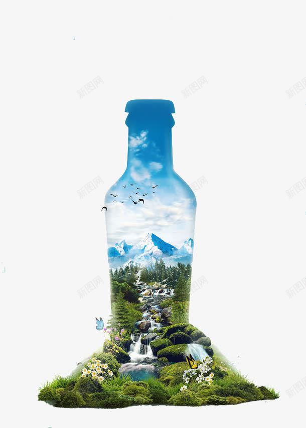 饮料创意png免抠素材_新图网 https://ixintu.com 冰上 创意 瀑布 热带雨林 瓶子