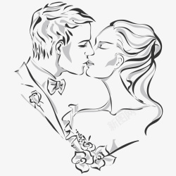 新人插图手绘装饰插图婚礼上亲吻的新人图标高清图片
