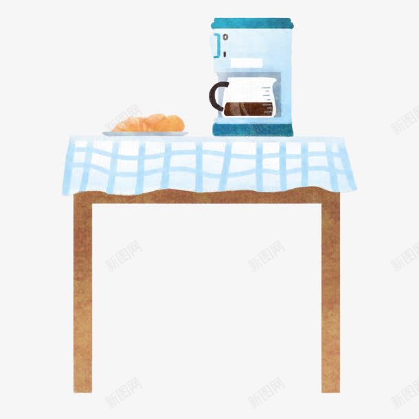 放置咖啡壶的桌子png免抠素材_新图网 https://ixintu.com 卡通家居 咖啡机 咖啡机免抠PNG元素 手冲壶 早餐 美式田园风家居免抠PNG元素 蓝格子桌布 蓝白格子桌布