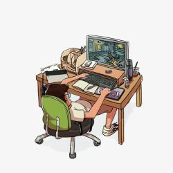 电脑男卡通瘫坐在椅子上玩电脑游戏的男高清图片