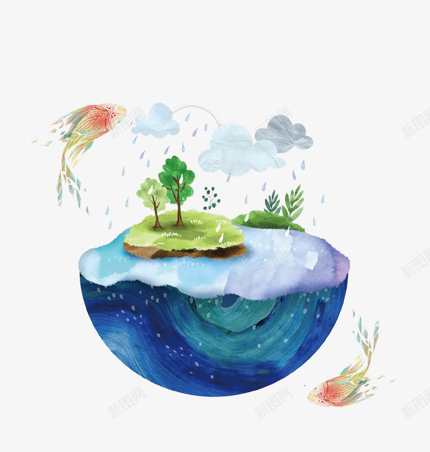 蓝色立体创意地球生态插画png免抠素材_新图网 https://ixintu.com 保护环境 地球 地球一小时 海洋 环保 生态 鱼