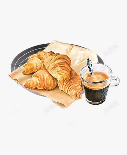 面包png免抠素材_新图网 https://ixintu.com 咖啡 奶茶 手绘 牛角面包 甜点 美食 蛋糕 面包 食物