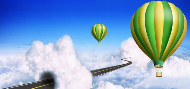 创意公路背景jpg设计背景_新图网 https://ixintu.com psd素材 云彩 云海 热气球 白云 穿过白云的公路和热气球 蓝天