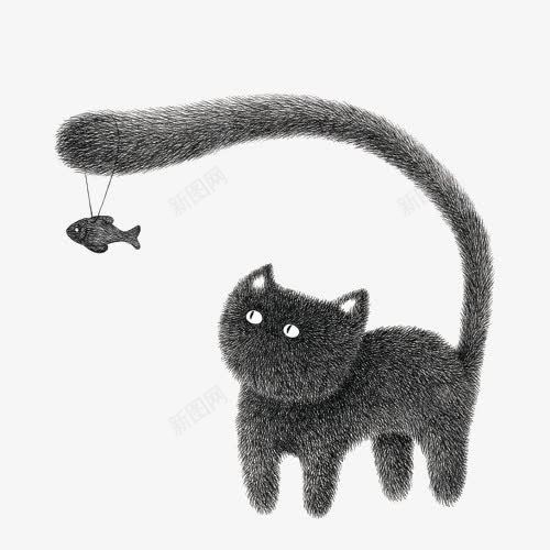 小鱼和小猫png免抠素材_新图网 https://ixintu.com 创意 动物 卡通 寓意 尾巴 手绘 猫 鱼 黑色
