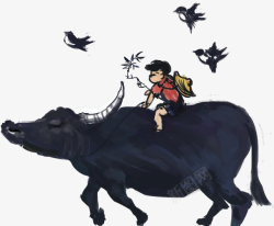 水墨放牛水墨手绘放牛的孩子插画高清图片