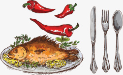 火红辣椒图片卡通高档餐厅烤鱼平面装饰矢量图高清图片
