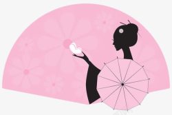 粉色长柄雨伞简约手绘和风女性剪影高清图片