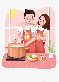 简约情侣卡通手绘做饭的情侣高清图片