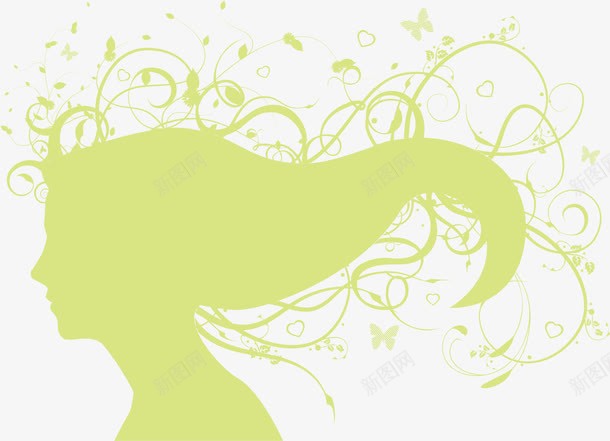 绿色头发剪影png免抠素材_新图网 https://ixintu.com AI 卡通 头像 头发 手绘 线条 绿色 美女 花纹