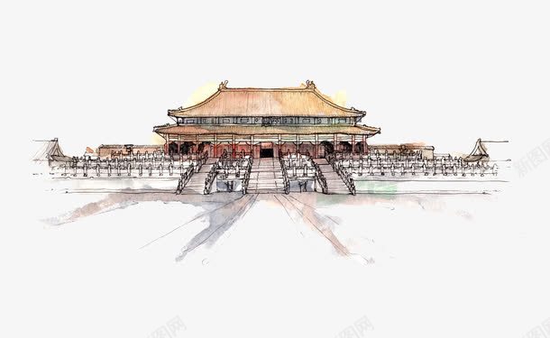 中国古建筑png免抠素材_新图网 https://ixintu.com 宽台阶 彩色 手绘建筑 故宫 皇宫