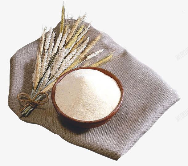 放在麻布上的一把麦穗和一盆面粉png免抠素材_新图网 https://ixintu.com 白色 盆 面粉 麦穗 麻布