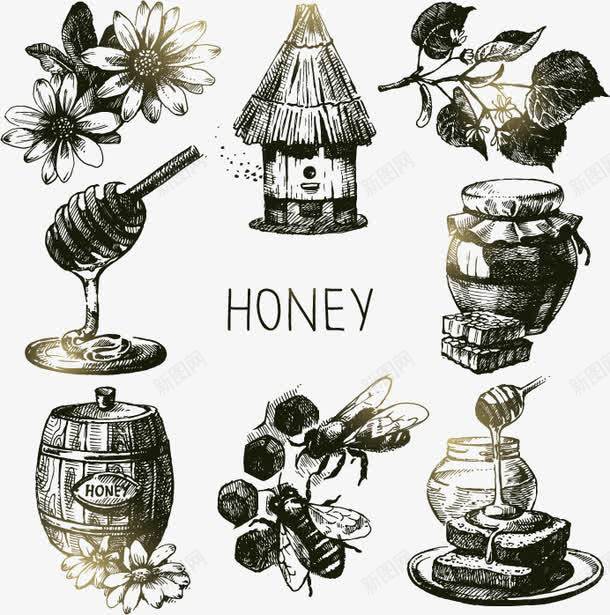 手绘蜜蜂和蜂蜜png免抠素材_新图网 https://ixintu.com 平面设计 手绘 素描 线稿 花朵 蜂巢 蜂蜜 蜜糖 蜜罐 蜜蜂