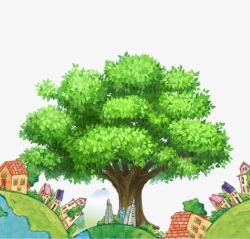 绿色卡通地球大树环保插画素材