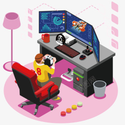 紫色的沙发坐着打游戏的男子立体卡通矢量图高清图片
