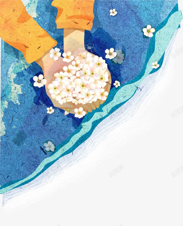 蓝色创意双手捧花png免抠素材_新图网 https://ixintu.com 创意设计 双手 春天 春季 水面 海报 花朵 花瓣 落花
