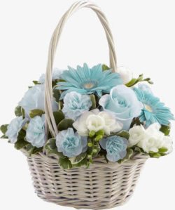 白色菊花素材蓝白鲜花手提花篮高清图片