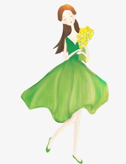 真人美女微笑卡通手绘绿色裙子的美女高清图片