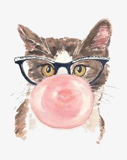 粉红色眼镜吹气球的猫咪高清图片