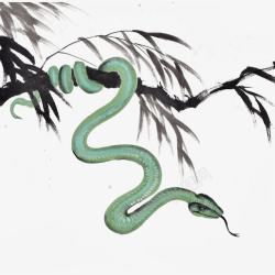 绿蛇水墨绿蛇盘旋在树枝上高清图片