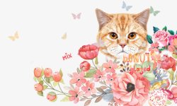 花丛中的猫咪手绘卡通背景素材