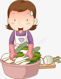 主妇手绘洗蔬菜的女人场景图高清图片