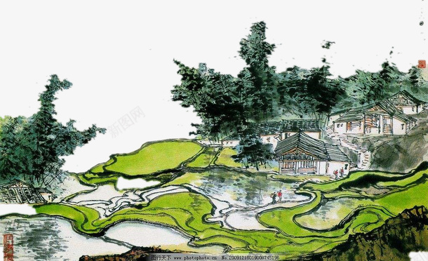 田园生活山水画png免抠素材_新图网 https://ixintu.com 山水 山水画 山水画壁纸 房屋 水墨画 爱国壁纸 田园生活 绿色 青山绿水