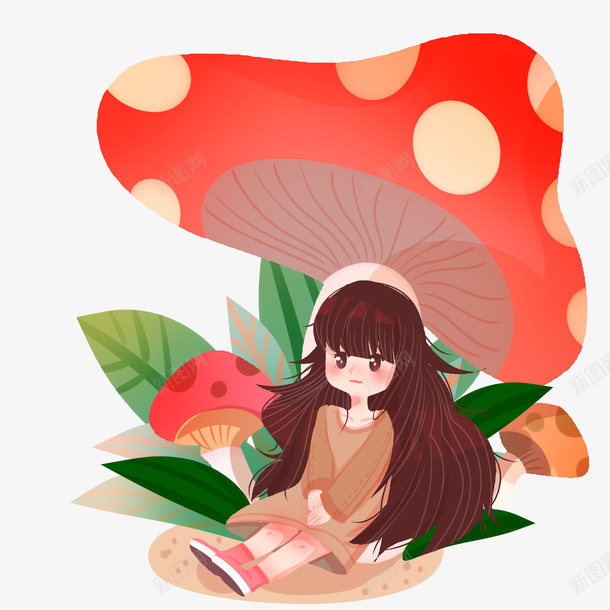 蘑菇女孩踏青png免抠素材_新图网 https://ixintu.com 手绘 插画元素 春天 春天远足 花草 蘑菇小人