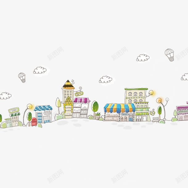 卡通手绘城市缩影png免抠素材_新图网 https://ixintu.com 卡通 城市 建筑物 手绘 热气球 白云 缩影