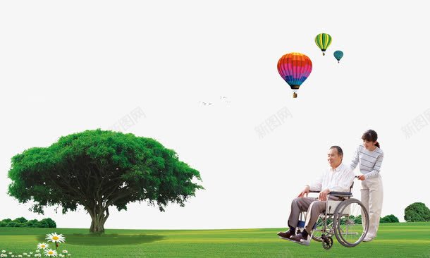 轮椅老人png免抠素材_新图网 https://ixintu.com 坐轮椅的老人 树 气球 老人 草 轮椅