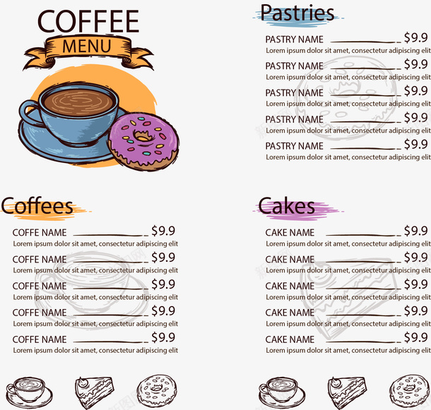 咖啡店菜单的模板png_新图网 https://ixintu.com 咖啡店 咖啡菜单 甜点 矢量png 菜单