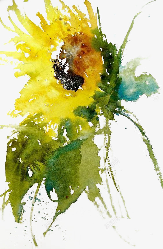 水彩花卉png免抠素材_新图网 https://ixintu.com 向日葵 墨迹 植物 水彩 水痕 绿色叶子 花朵 黄色花朵