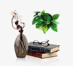 花瓶绿色植物书本眼镜素材