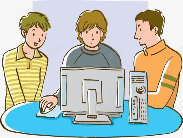 卡通人物试玩png免抠素材_新图网 https://ixintu.com 三个男人 卡通 卡通人物 插画 操作电脑 滑鼠 玩电脑 玩电脑的人 电脑 男人 试玩